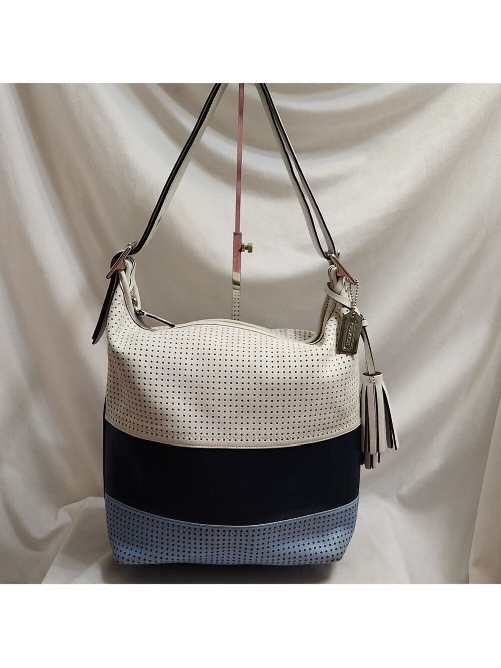 Coach Legacy Perforated Leather Dark Navy Multicolor Striped Duffle Shoulder Bag